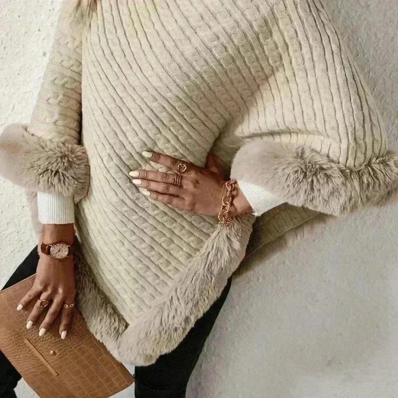Apricot Casual Women's Turtleneck Fuzzy Trim Batwing Sleeve Poncho Sweater - Picture 4 of 7